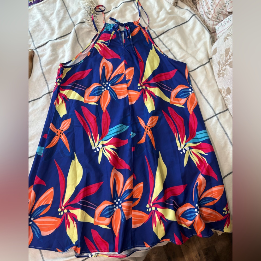 SHEIN Navy Halter Mini Dress with Orange, Pink & Yellow Floral Print - Picture 2 of 12